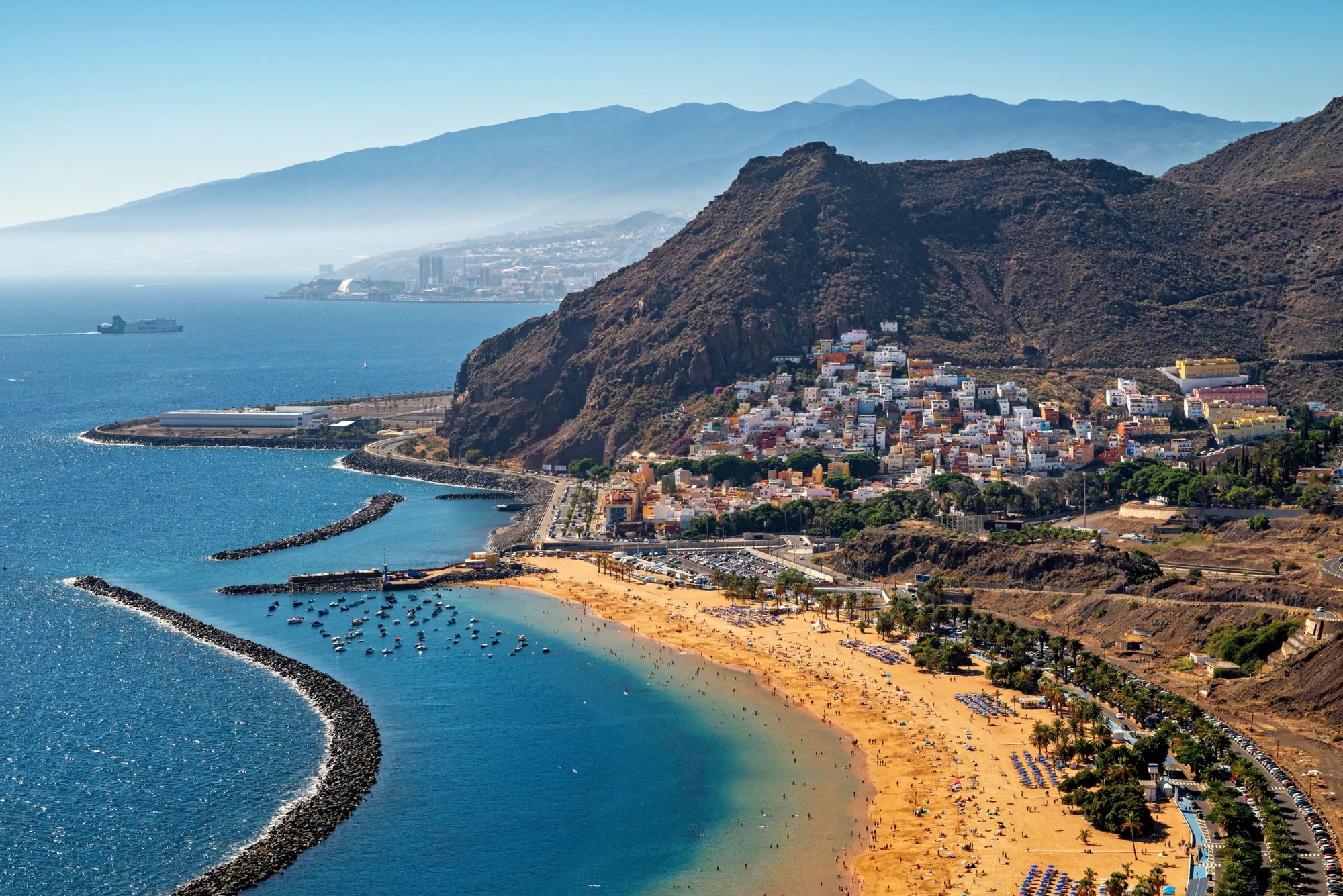 The golden beach of Las Teresitas below San Andrés, with Mount Teide on the horizon