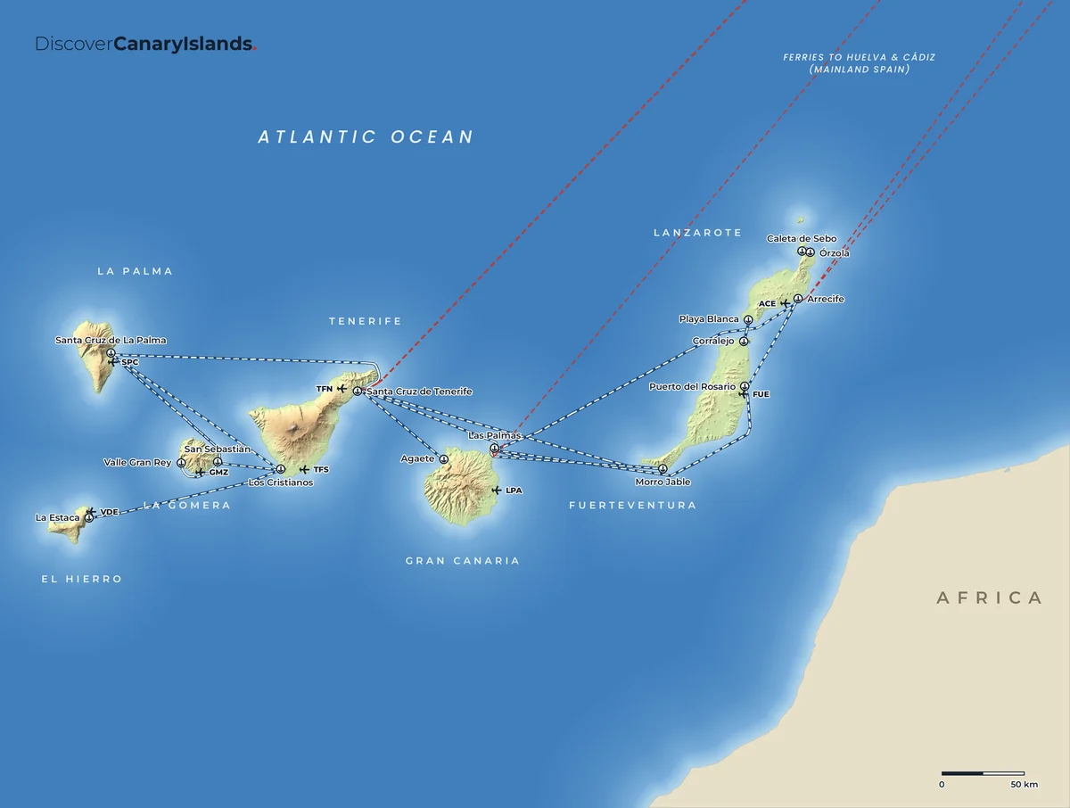 Map. Ferry routes between the islands, including the crossing from Órzola to Caleta de Sebo.