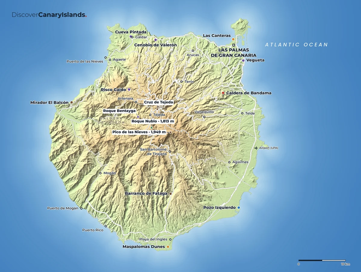 Map. Gran Canaria: Roque Nublo, the Caldera de Tejeda, Las Palmas and the Maspalomas dunes.