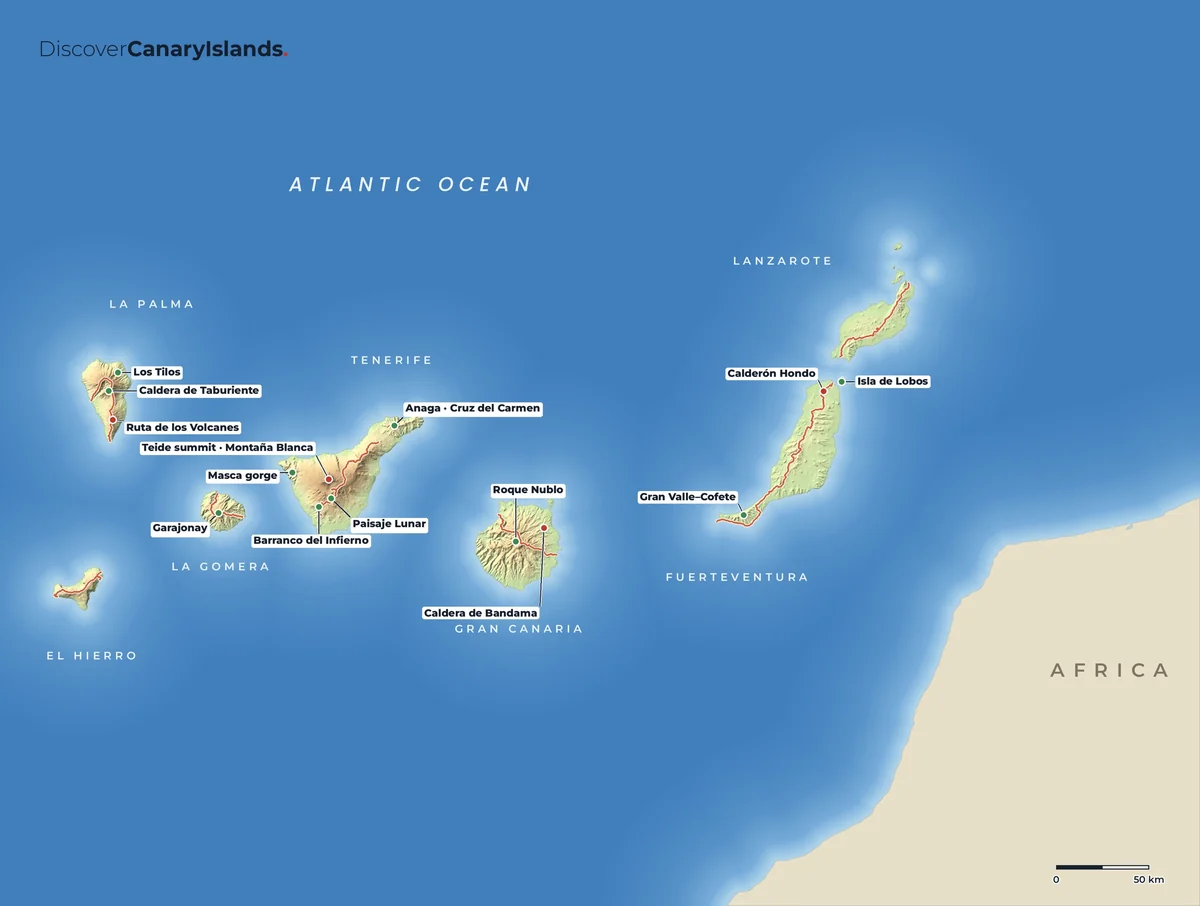 Map. The great walks across the islands, including Garajonay on La Gomera.