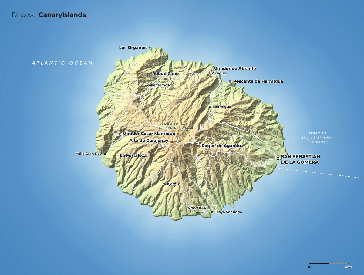Map. La Gomera: Garajonay National Park, Valle Gran Rey and the ferry to Tenerife.