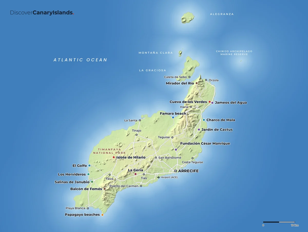 Map. Lanzarote: Timanfaya, El Golfo, La Geria, the César Manrique sites and the islands to the north.