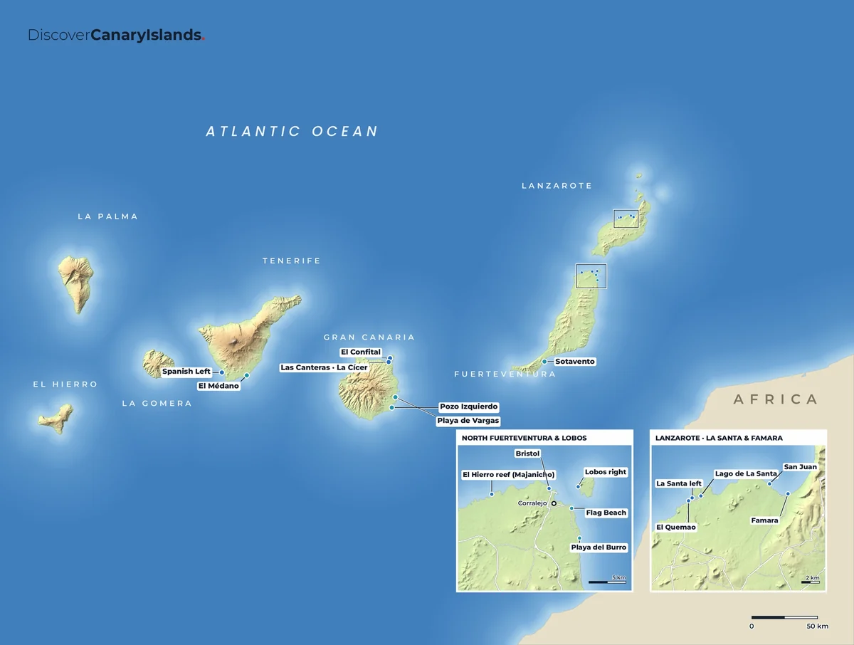 Map. Surf and wind spots, with a close-up of La Santa and Famara on Lanzarote's north coast.