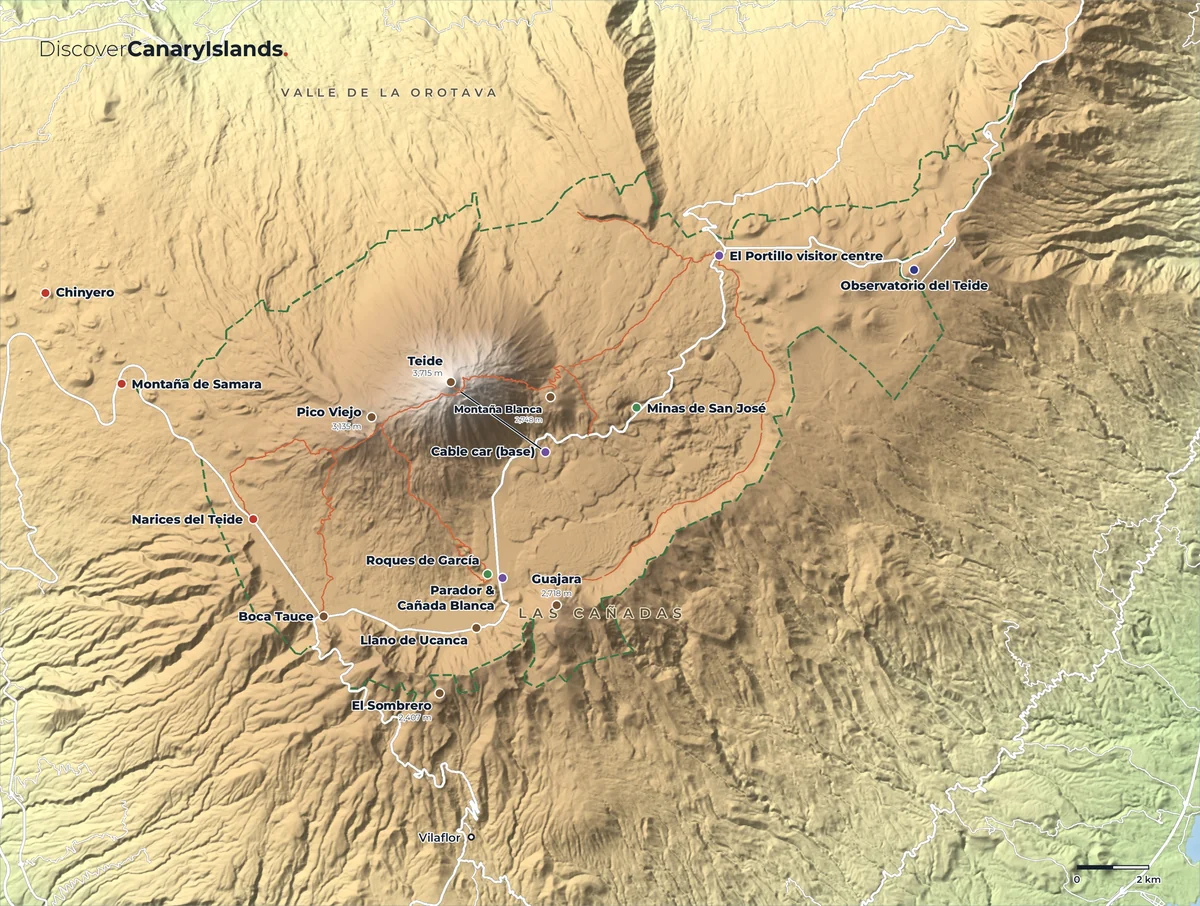 Map. Teide National Park: the cable car, viewpoints, trails and craters of Las Cañadas.