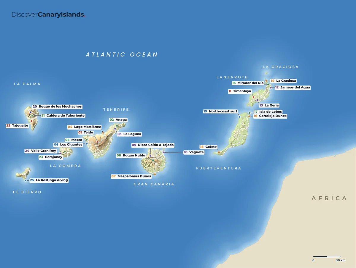 Map. Our 25 favourite places across the islands, numbered from Teide to La Restinga.