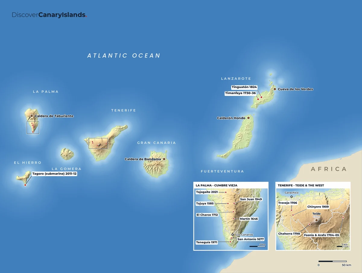 Map. Historic eruptions and volcanic sites across the islands, including Timanfaya, Tinguatón and the Cueva de los Verdes.