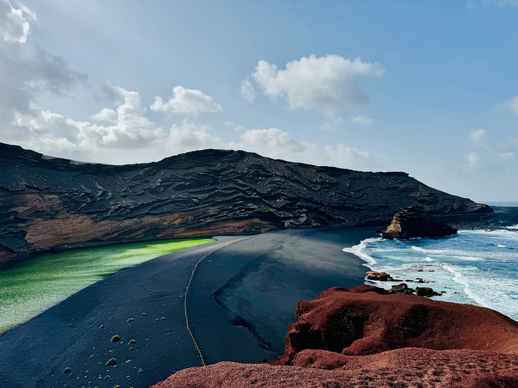 The green lagoon of El Golfo beside a black sand beach and red volcanic rock